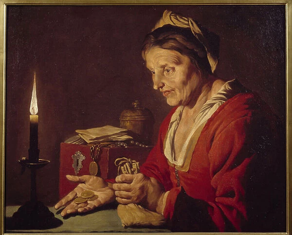 Avarice - An old woman looks at her gold coins, which she just came out of her hiding