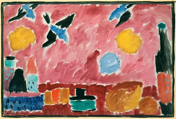 Avec papier rouge aux motifs d hirondelles (With Red Swallow-Patterned Wallpaper) - Peinture de Alexei von Javlensky (1864-1941), huile sur carton, 1915 - Albertina, Vienna (Autriche)