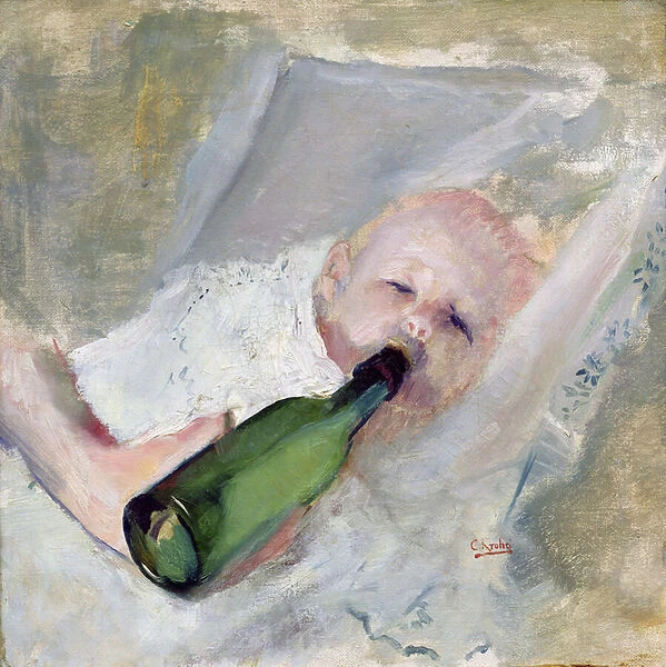 Baby with milk bottle (oil on canvas)