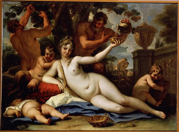 Bacchante et satyres (Bacchante and Satyrs). Les satyres cueillent le raisin de la vigne et servent du vin rouge a la bacchante, nu feminin allonge. Peinture de Sebastiano Ricci (1659-1734), vers 1713. Art venitien. Huile sur toile