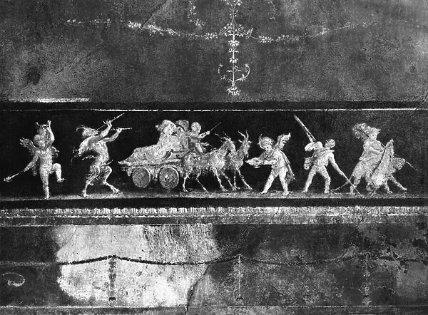 Bacchic Procession of Cherubs, frieze from the Oecus of the Casa dei Vettii (House of the Vettii) c. 50-79 AD (fresco) (b  /  w photo)