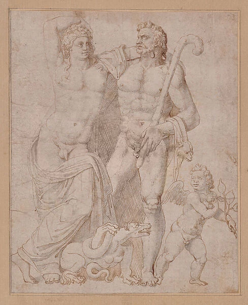 Bacchus, Hercules, putto and dragon, 1498 (Pencil, Ink)