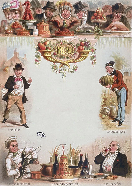 Background print for a menu depicting the five senses, late 19th century (colour litho)
