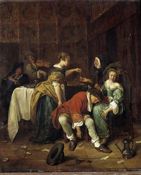 The Bad Company. painting by Steen Jan Havicksz (1626-1679) (Hs  /  WOOD 0. 41 X 0. 35)