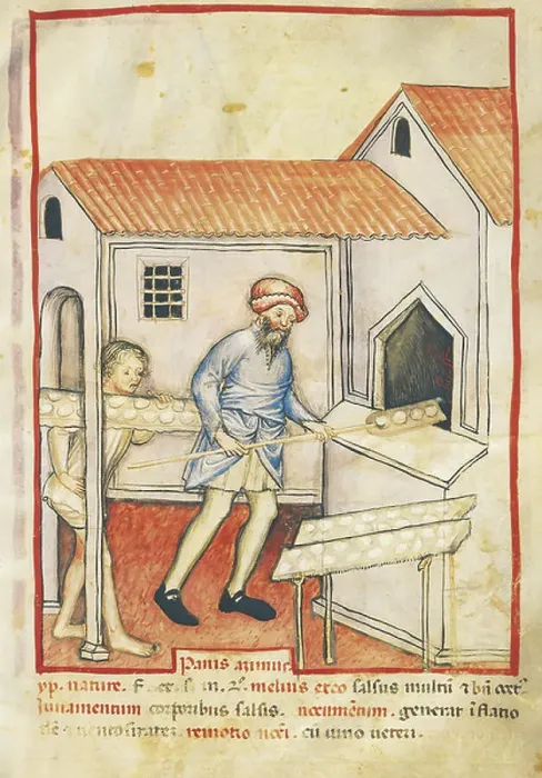Framed Print : Baker and his assistant baking bread, miniature by Giovannino de Grassi from the Tacuinum Sanitatis (The Medieval Health Handbook), manuscript 1673 folio 55, Italy 14th Century