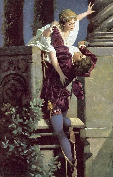 Balcony scene, Romeo and Juliet (colour litho)