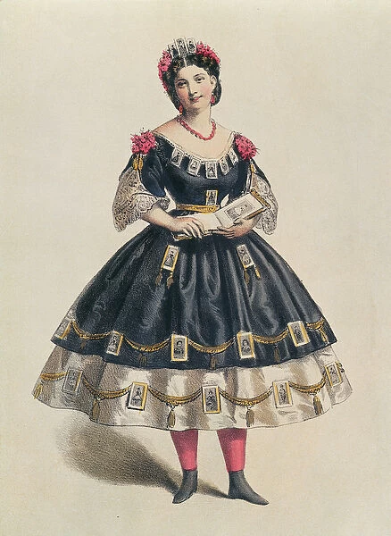 Ball Gown decorated with photographic cartes de visite, c. 1860 (colour litho)