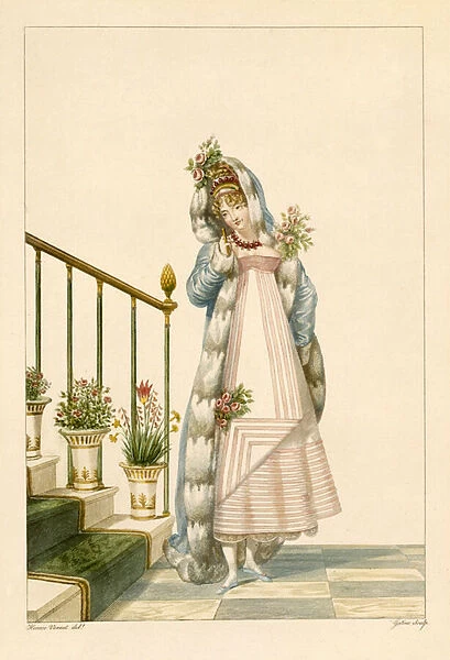 Ballgown with ermine edged cape, illustration from Incroyables et Merveilleuses