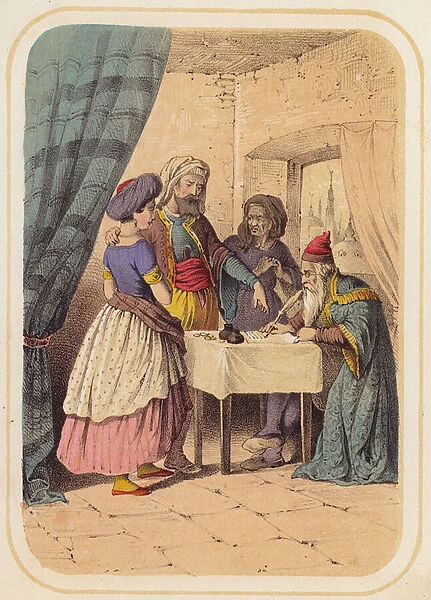The bandit, Albondokani, in a scene from One Thousand and One Nights (colour litho)