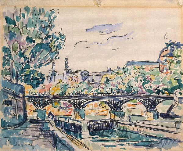 Bank of the Seine near the Pont des Arts, with a view of the Louvre (pen & ink with w  /  c