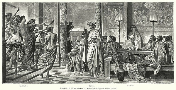 Banquet of Agathon, Ancient Greece, according to Plato (litho)
