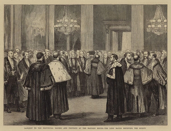 Banquet to the Provincial Mayors and Provosts at the Mansion House, the Lord Mayor receiving the Guests (engraving)