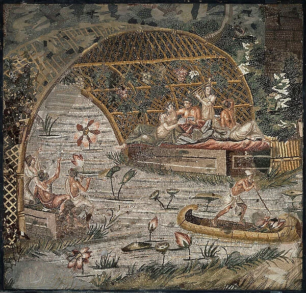 Banquet sous une pergola pres du Nil - Detail de la Mosaique du Nil de Palestrina - 3eme siecle avant JC - Nile mosaic of Palestrina - 3rd century BC, 95x102 cm - Staatliche Museen, Berlin