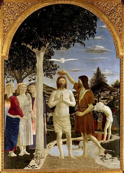 The baptism of Christ John the Baptist baptizes Jesus while another man behind him also