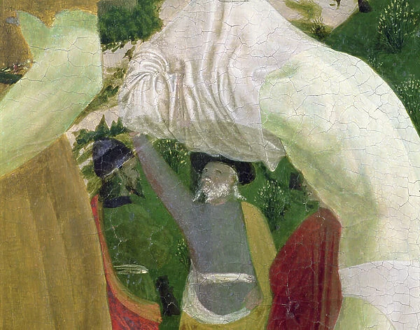 Baptism of Christ, detail of right hand section depicting a man preparing himself for baptism, 1450 (tempera on panel)