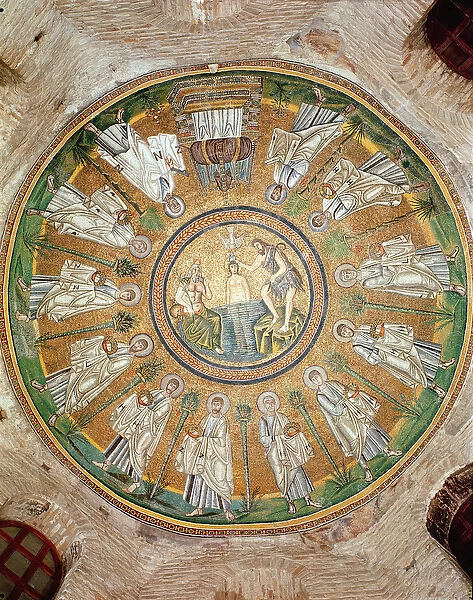 Baptism of Christ surrounded by the twelve apostles bearing crowns (mosaic)