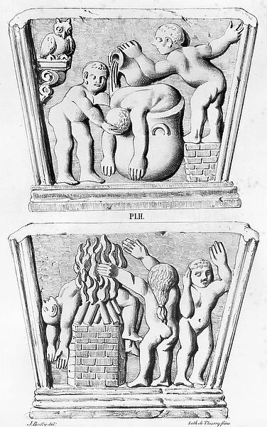 Baptism, copy of gnostic caskets, engraved by Thierry freres (19th century) (litho