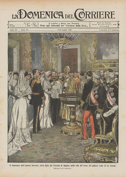 The baptism of the Infanta Beatrice, the third daughter of the Sovereigns of Spain, in the throne room of... (colour litho)