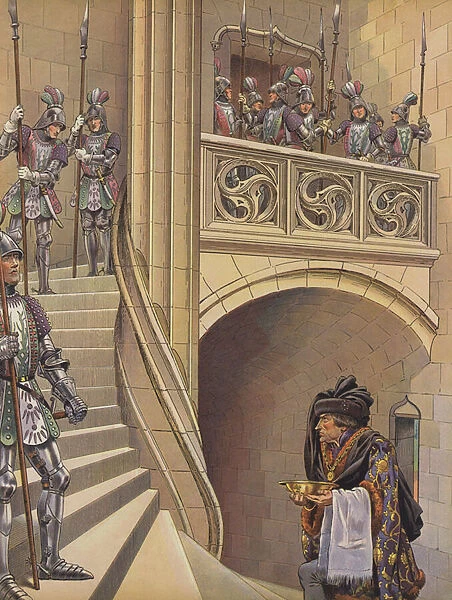 The barber climbed the stairs towards the Kings chamber, past the numerous armed guards (colour litho)