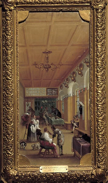 The barber shop'Painting of the Flemish school. beginning of the 17th century
