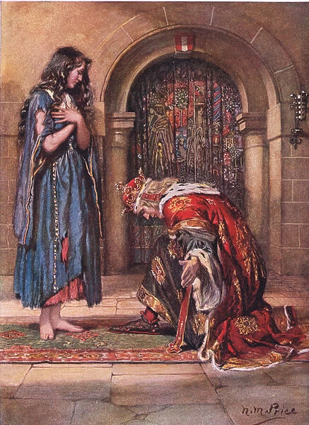 Barefooted came the Beggar-Maid before the King Cophetua, illustration from The Childrens Tennyson: Stories in Prose and Verse from Alfred Lord Tennyson by May Byron, 1910 (colour litho)