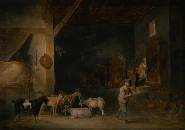 Barn with goats and a boy playing the recorder, c. 1640-45 (oil on canvas)