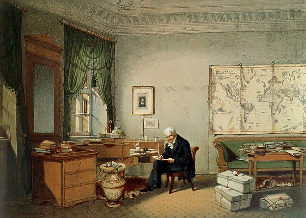 Baron Alexander von Humboldt (1769-1859) in his Study (colour litho)