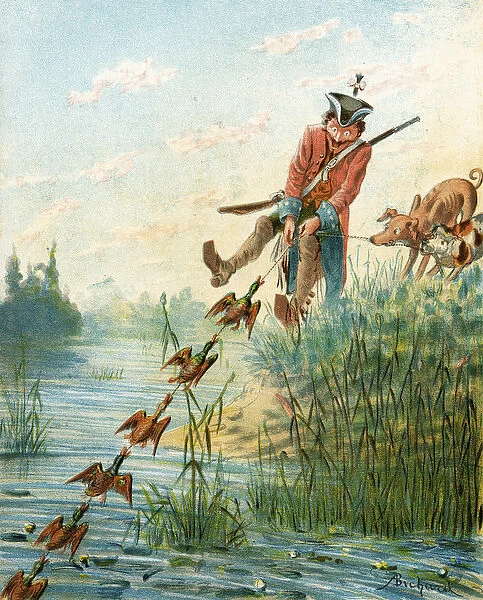 Baron Munchausen catching ducks with bacon fat, from The Adventures of Baron