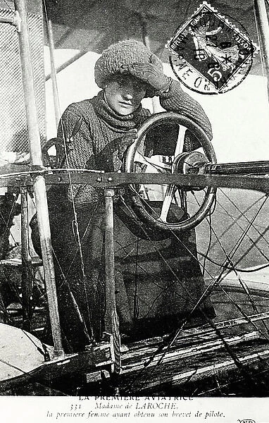 Baroness Raymonde Delaroche, first woman to hold a pilot's licence. On 3 Nov. 1909 flew Voisin biplane 1,000 yards. From postcard after photograph. Mail frank 1910