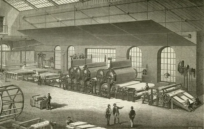 Framed Print : Bartram's method for cotinuous paper making from tank of pulp at left. Engraving c1870