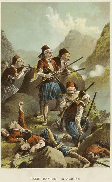 Bashi-Bazouks in ambush (colour litho)