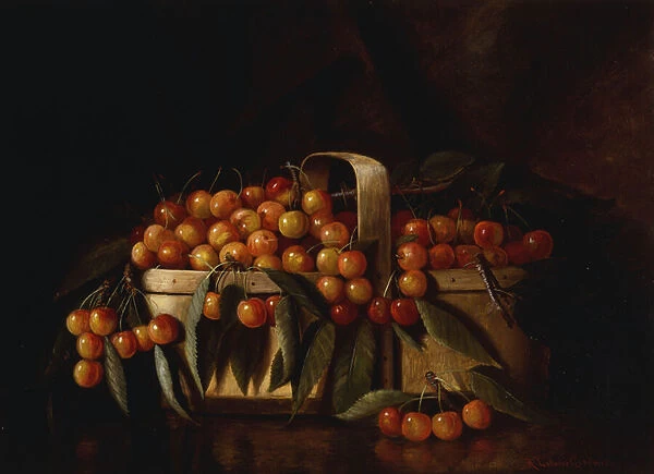 A Basket of Cherries, (oil on canvas)