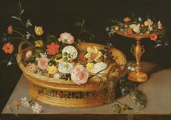 A Basket of Flowers with a Silver Gilt Tazza (oil on panel)