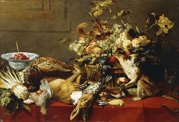 A Basket of Fruit on a Draped Table with Dead Game and a Monkey, (oil on canvas)