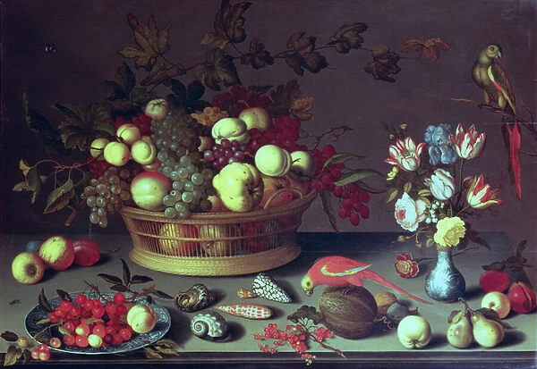 A Basket of Grapes and other Fruit (oil on panel)