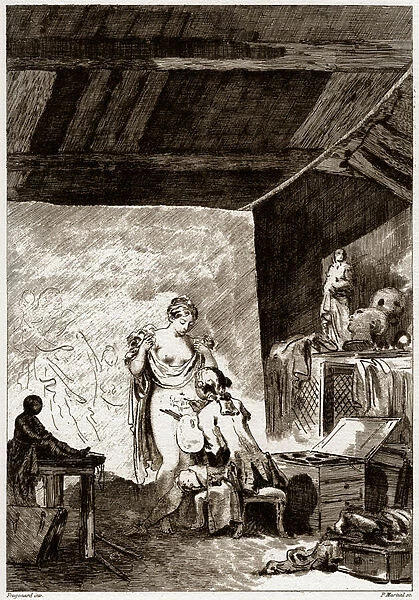 The Bat: a painter draws a donkey on the navel of his unfaithful wife (La Fontaines tale), 1795 (engraving)