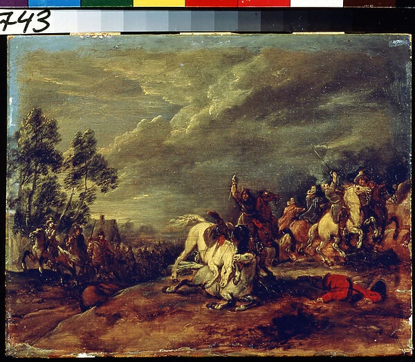 Bataille. A battle. Peinture Adam Frans van der Meulen (1632-1690). Huile sur bois. Art flamand, style baroque. Musee des Beaux Arts Pouchkine, Moscou