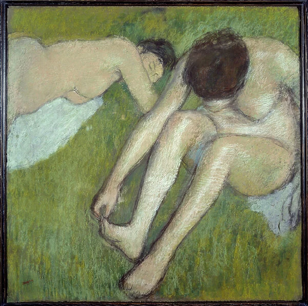 Two bathers on Pastel grass on brown paper by Edgar Degas (1834-1917) 1890 Sun