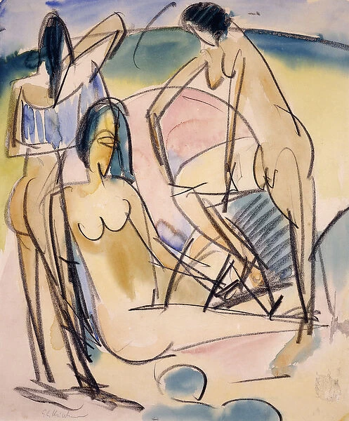 Bathers on the Shore, Fehmarn, (watercolour and black crayon on paper)