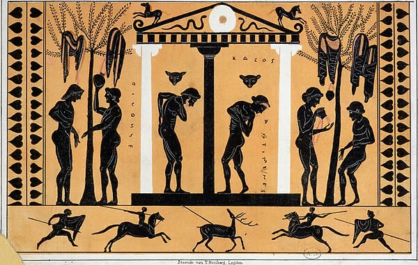 Bathing in Ancient Greece, copy from a Greek vase (colour litho)