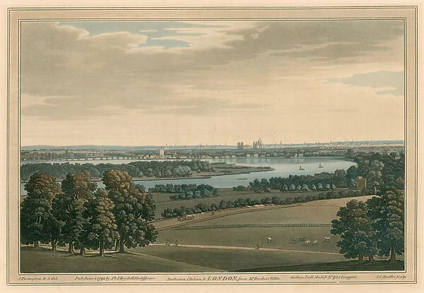 Battersea, Chelsea and London, from Mr Ruckers Villa (coloured engraving)