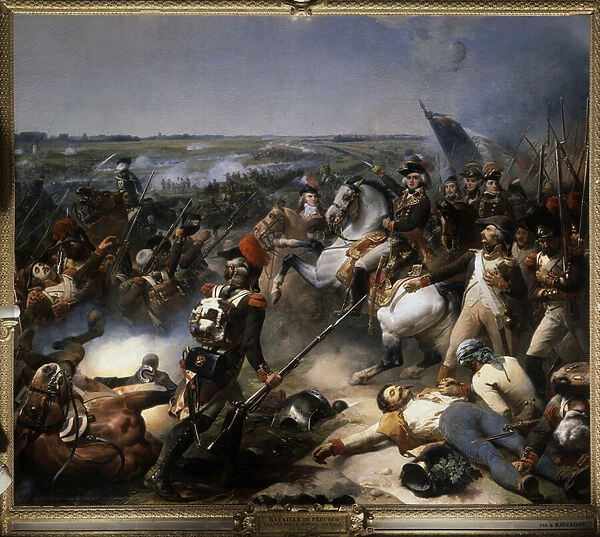 The Battle of Fleurus on June 26, 1794: Battle won by General Jean-Baptiste (Jean Baptiste) Jourdan (1762-1833) over the Austrian army, Painting by Jean Baptiste Mauzaisse (1784 - 1844), 1837, Oil on canvas, 4. 65 x 5. 43m