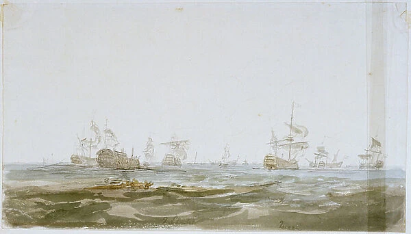 The Battle of the Glorious First of June, 1794; the Queen Charlotte and Queen after the battle, 1794 (watercolour, graphite)