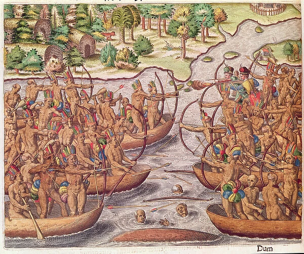 Battle Between Indian Tribes, from Brevis Narratio engraved by Theodore de Bry