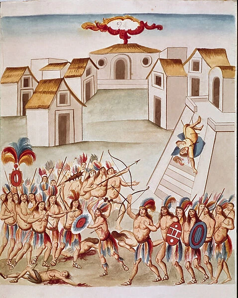 Battle between Indians near a temple, Tohuautlican, Mexico, 1640 (Watercolour)