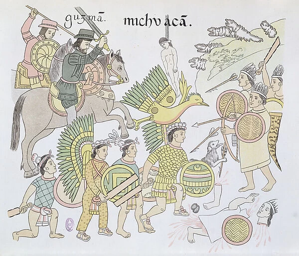 Battle of Michoacan between the Spanish and the Aztecs, illustration from a facsimile of a Mexican Indian picture history Lienzo de Tlaxcala of c. 1550, 1892 (colour litho)