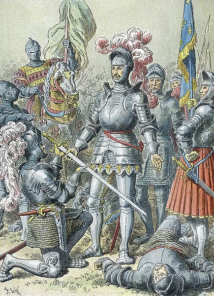 The Battle of Pavia (1525): Francois I hands over his sword to Charles de Lannoy, 1897 (Engraving)
