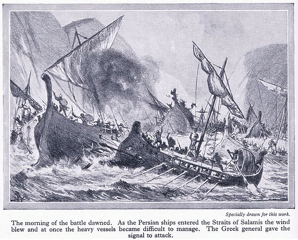 Battle of Salamis: As the Persian ships entered the straits of Salamis the wind blew