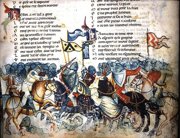 Battle scene. Miniature of the 'Roman de Troy'by Benoit de Saint Maure