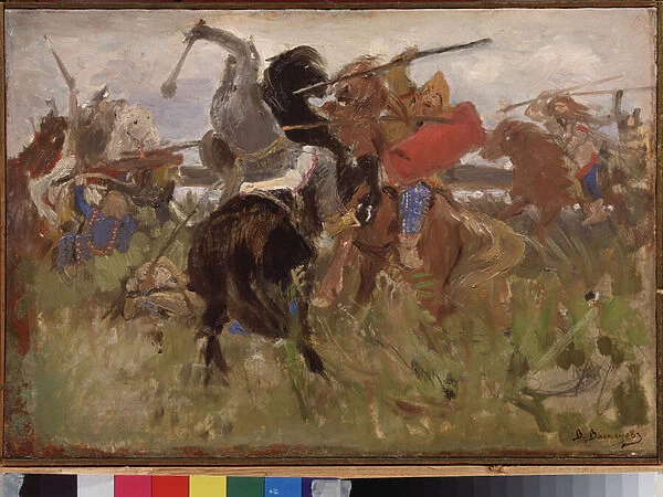 Battle between the Scythians and the Slavs, clash of horsemen in armor, 1879 (oil on canvas)